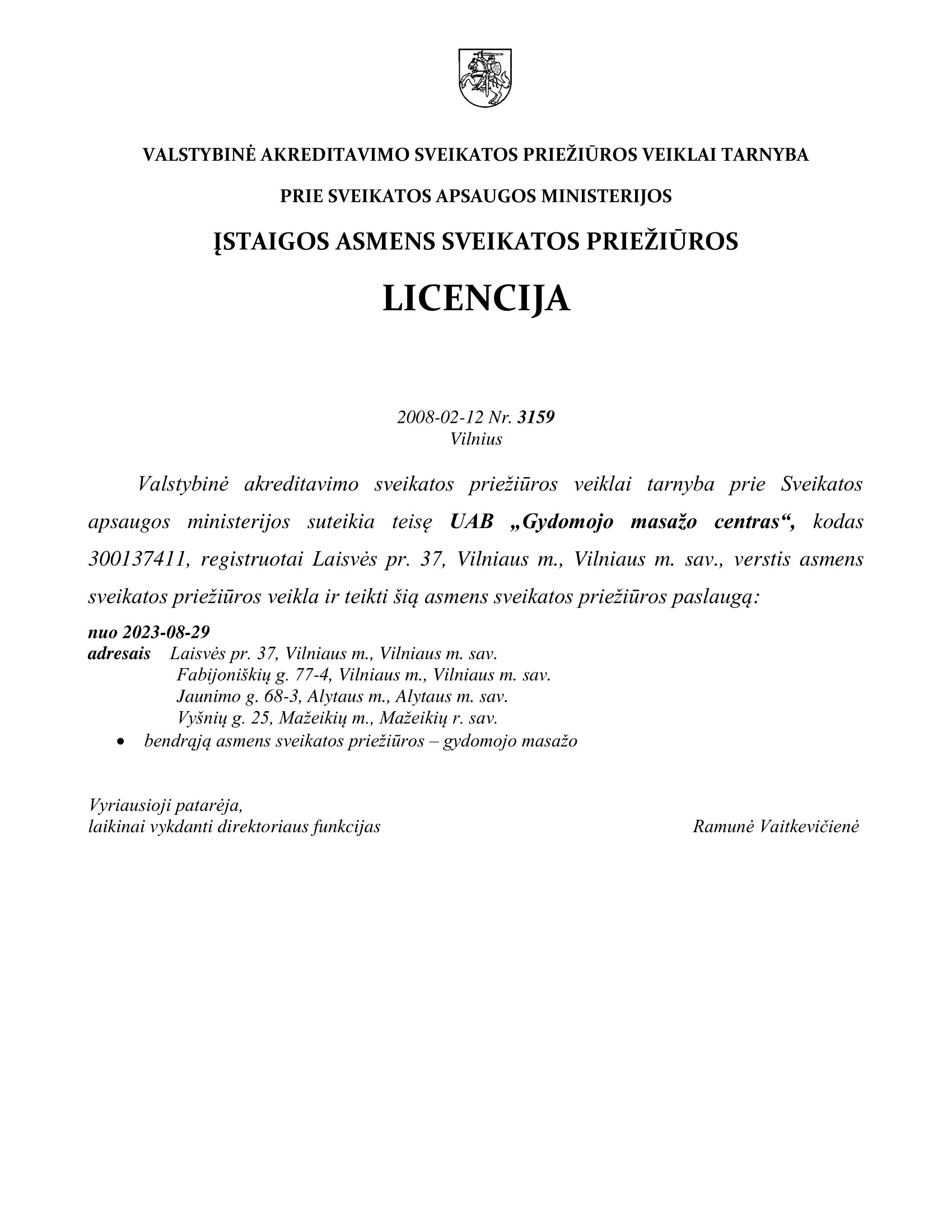 Gydomojo masažo licencijos dokumentas